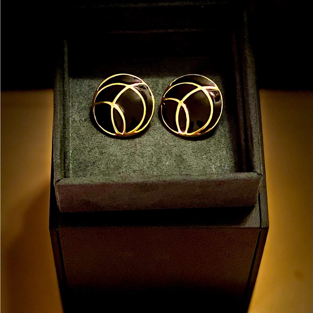 Monet Enamel Black & Gold Round Vintage Earrings